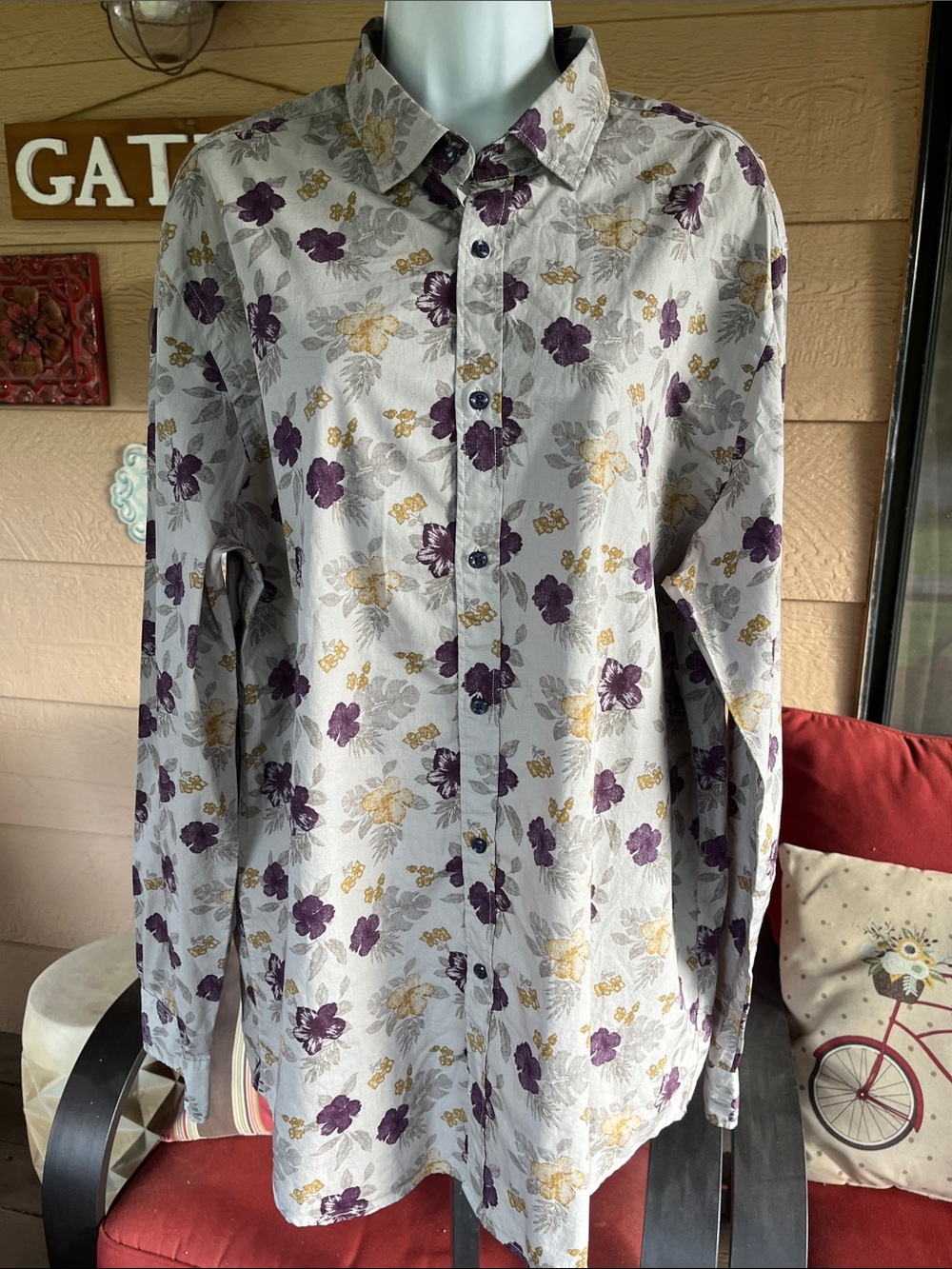 Tommy Hilfiger White Button-Down Shirt with Purple & Gold Floral Print